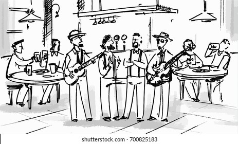 Band playing the guitar in a restaurant Vector sketch for storyboard, cartoon, project
