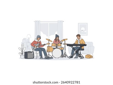 Band playing music together in living room