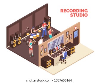 Band playing musical instruments and singing in recording studio 3d isometric vector illustration