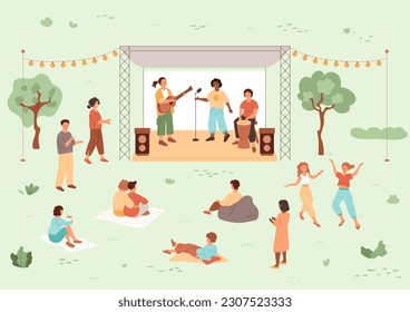 Band playing on stage in summer park. People relax on plaids, listen to music, girls dance. Rock festival, outdoor leisure weekend. Vector illustration. Trees and light bulbs.