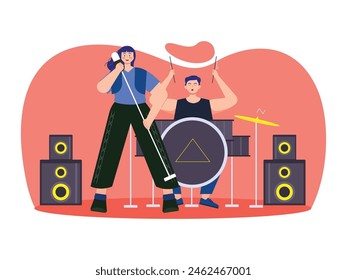 Band is practicing with woman singing and man drummer, in music studio. Character design. Vector flat illustration