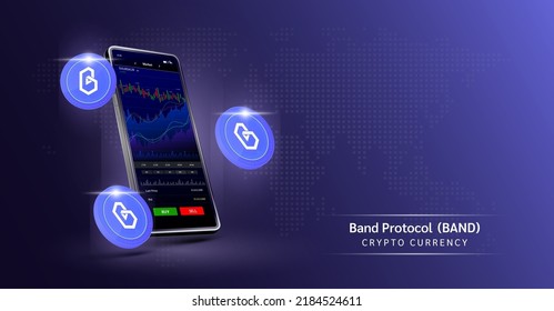 Moneda de protocolo de banda y teléfono. Aplicación para intercambiar moneda criptográfica en el smartphone de pantalla táctil. Análisis de datos en el mercado de valores. La criptodivisa bancaria móvil. Vector 3d. 
