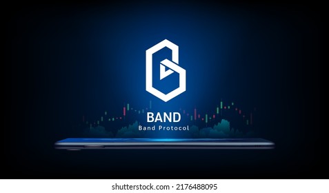 Band Protocol cryptocurrency symbol come out from smartphone with growth chart. Trading crypto currency on application. Financial investment banner for news or website. Icon coin token vector EPS10.