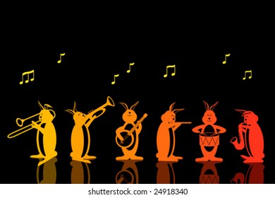 Band of Rabbits Playing Different Musical Instruments on a Black Background - Vector.