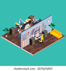 Band records song together isometric 3d vector concept for banner, website, illustration, landing page, flyer, etc.
