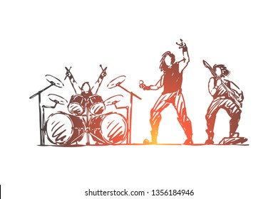 Band, rock, music, party, group concept. Hand drawn music band play rock concept sketch. Isolated vector illustration.