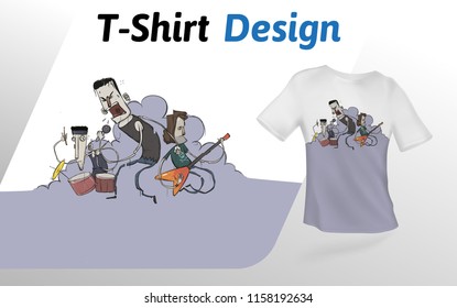 Band rocking out on stage in smoke, t-shirt print. Colorful mock up t-shirt design template. Vector template, isolated on white background.