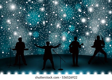 Band show concept with blue light and stars. Set of silhouettes of musicians, singers and dancers. Vector illustration