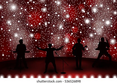 Band show concept with red light and stars. Set of silhouettes of musicians, singers and dancers. Vector illustration