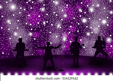 Band show concept with violet light and stars. Set of silhouettes of musicians, singers and dancers. Vector illustration