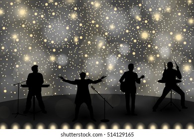 Band show concept with yellow light and stars. Set of silhouettes of musicians, singers and dancers. Vector illustration