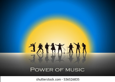 Band show on blue sunset background. Festival concept. Set of silhouettes of musicians, singers and dancers. Vector illustration