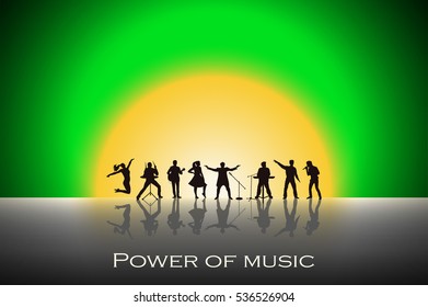 Band show on green sunset background. Festival concept. Set of silhouettes of musicians, singers and dancers. Vector illustration