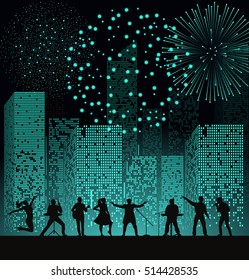 Band show on night city background with fireshow at turquoise style. Festival concept. Set of silhouettes of musicians, singers and dancers. Vector illustration