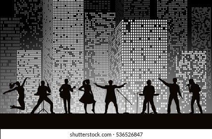 Band show on night city background at grey style. Festival concept. Set of silhouettes of musicians, singers and dancers. Vector illustration