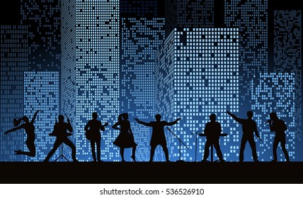 Band show on night city background at blue style. Festival concept. Set of silhouettes of musicians, singers and dancers. Vector illustration