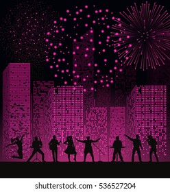 Band show on night city background with fireshow at pink style. Festival concept. Set of silhouettes of musicians, singers and dancers. Vector illustration