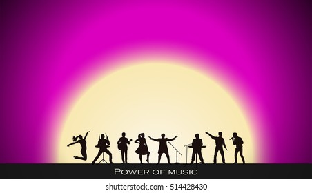 Band show on pink sunset background. Festival concept. Set of silhouettes of musicians, singers and dancers. Vector illustration