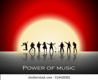 Band show on red sunset background. Festival concept. Set of silhouettes of musicians, singers and dancers. Vector illustration