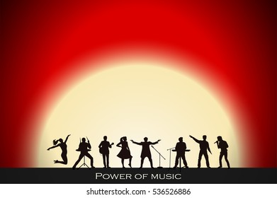 Band show on red sunset background. Festival concept. Set of silhouettes of musicians, singers and dancers. Vector illustration