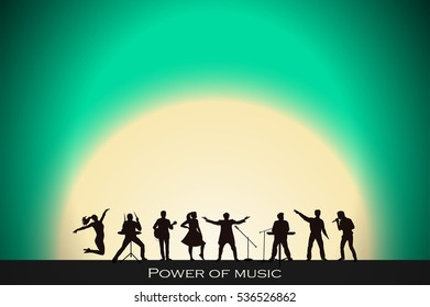 Band show on turquoise sunset background. Festival concept. Set of silhouettes of musicians, singers and dancers. Vector illustration