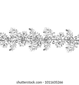 band of twigs with leaves seamless with two sides, sketch vector graphics monochrome drawing