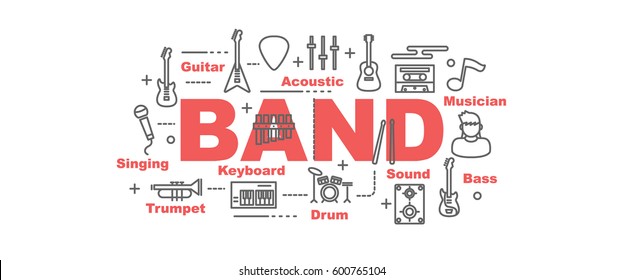 band vector banner design concept, flat style with thin line art icons on white background
