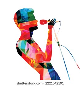 Band vocalist silhouette singing to microphone. Male singer in intense colors isolated. Vector illustration for live performances and concert events. Music festivals, karaoke and talent shows poster