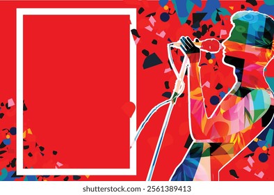 Band vocalist silhouette singing to microphone. Male singer in intense colors isolated. Vector illustration for live performances and concert events. Music festivals, karaoke and talent shows poster