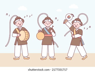 A band wearing traditional Korean clothes and performing traditional music. outline simple vector illustration.