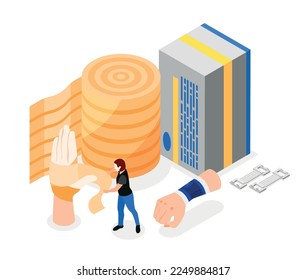 Bandage application isometric composition with medical tools and tiny human character of doctor applying dressing to hand 3d vector illustration