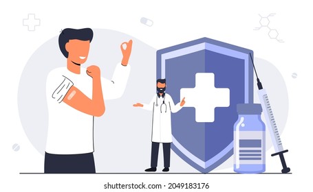 Bandage arm vaccine concept Youth health care Mandatory immunization campaign Flue coronavirus prevention Vaccination hesitancy Protection from disease Flat vector isolated illustration