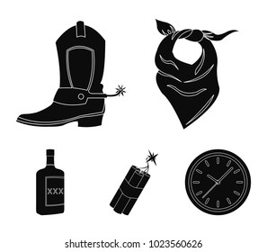 Bandage, boots, dynamite and a bottle of whiskey. Wild West set collection icons in black style vector symbol stock illustration web.