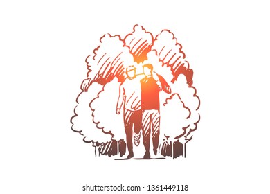 Bandage, care, help, injury, leg concept. Hand drawn man helps to man walk with leg injury concept sketch. Isolated vector illustration.