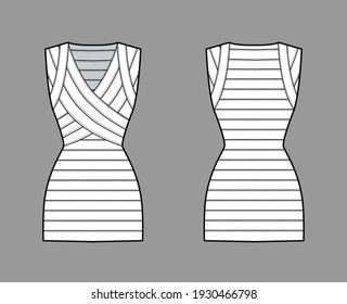 Bandage dress technical fashion illustration with V-neck, sleeveless, fitted body, elasticated, mini length, pencil cut. Flat apparel template front, back, white color style. Women, unisex CAD mockup