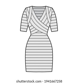 Bandage dress technical fashion illustration with V-neck, short sleeves, fitted body, elasticated, knee length, pencil cut. Flat apparel template front, grey color style. Women, men unisex CAD mockup