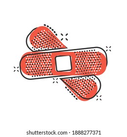 Bandage icon in comic style. Plaster cartoon vector illustration on white isolated background. First aid kit splash effect business concept.