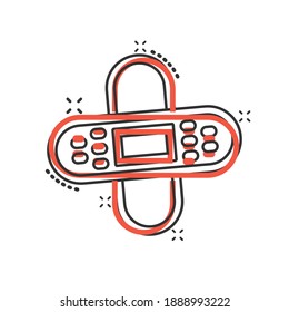 Bandage icon in comic style. Plaster cartoon vector illustration on white isolated background. First aid kit splash effect business concept.