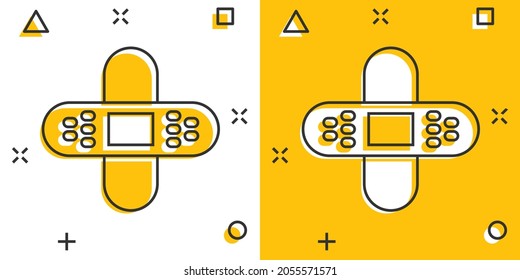 Bandage icon in comic style. Plaster cartoon vector illustration on white isolated background. First aid kit splash effect business concept.
