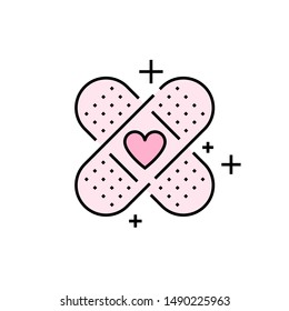 Bandage icon. Pink plaster symbol. First aid heart sign. Vector illustration line icon.