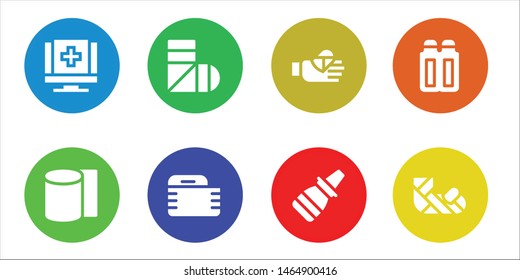 bandage icon set. 8 filled bandage icons.  Collection Of - Medical, Bandages, Sling, Gauze, Bandaged finger, Nasal spray, Suppositories, Plastered arm