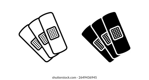 Ícone de faixa definido. Uma coleção de ilustrações de bandagem adesiva no estilo de contorno e glifo. Um simples ícone médico para design de site ou aplicativo.