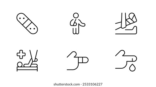 bandage icon such as Injured man, broken leg, broken arm, bandages cast icon vector set design with Editable Stroke. Line, Solid, Flat Line, thin style and Suitable for Web Page, Mobile App, UI, UX  