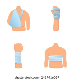 Bandage icons set cartoon vector. Trauma bandaging technique. First aid, medical emergency svg