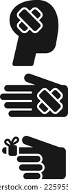 Bandage icons set. Simple illustration of different bandages in hand, head finger vector icon for web