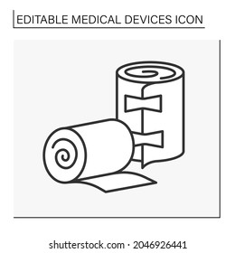  Bandage line icon. Strip of woven material. Bind up wounds or to protect an injured part of the body. Medical devices concept. Isolated vector illustration. Editable stroke