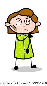 Bandage on Face - Retro Office Girl Employee Cartoon Vector Illustration﻿