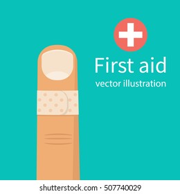 Bandage On Finger. Broken, Cut, Damaged Finger. Vector Illustration Flat Design. Isolated On Background. Concept Of Healthcare, Provision Of First Aid. Accident, A Plaster On Hand. Bandaged The Wound.