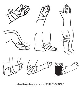 Bandage on hands, legs, arms. Collection of outline icons. Injury. Illustrations on white background. svg