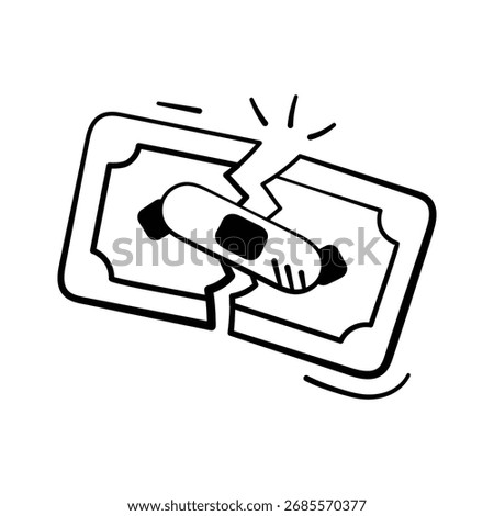 Bandage on a torn note of dollar , concept doodle icon of financial loss